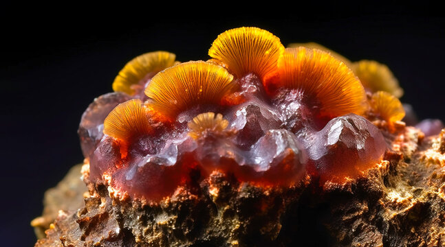 Cacoxenite is rare precious natural geological stone on gradient background in low key, isolate. AI generated.