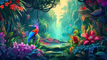 Abstract background garden of paradise. Banner design with otherworldly beauty of a magical garden of paradise with beauty birds and plants. Generative AI.