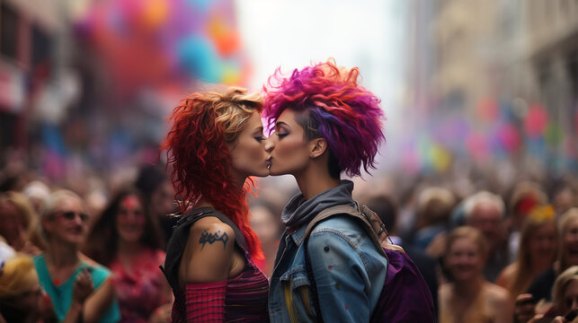 Lesbian couple on lgtbq gay pride rainbow flag. Generative Ai