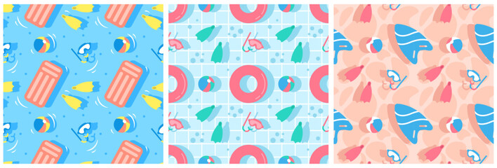 Obraz premium Set of Swimming Pool Seamless Pattern Vector Illustration with Summer Vacation Element in Flat Cartoon Template Hand Drawn
