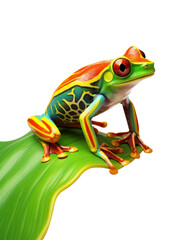 Obraz premium A colorful spotted frog sitting on top of a green leaf on transparent background. Botanical png element.