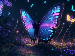 Fototapeta na wymiar Neon Glow Butterfly Octane Render Dreamcore Night Sparkle Background. Nightlight, Moonlight, Flowers, Glowing Butterflies, Beautiful Magical background.