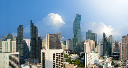 Top view Commercial building in Bangkok city at twilight with skyline,Thailand