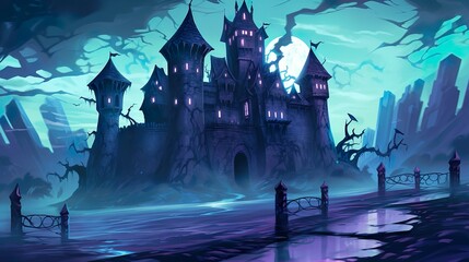Abstract background ghost castle. Banner design featuring an intricately detailed illustration with the mystical ambiance of a ghost castle and its otherworldly surroundings. Generative AI.