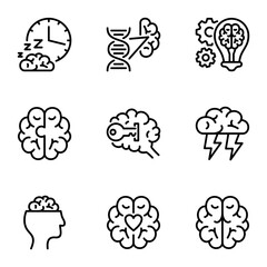 brain line icons set. intelligent, mind, signs, invention, anatomy, brainstorm, dna, puzzle, mindset, brilliant, genetic, imagination, intelligence