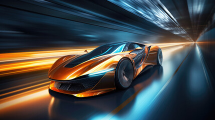 Fototapeta na wymiar Futuristic sports car in motion - front perspective view