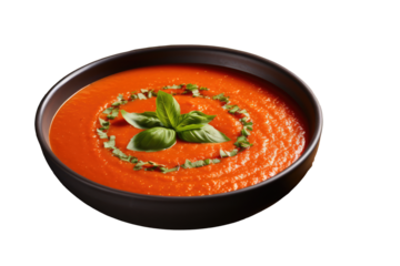 : tomato soup with basil Gazpacho, Transparent background. generative AI