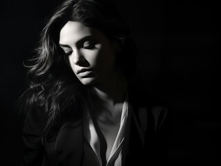 beautiful woman wearing dress in dark room, monochromatic intensity