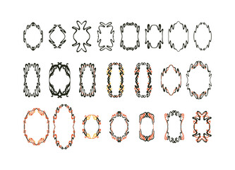 Big collection of art nouveau inspired vertical oval frames. Hand drawn vector decorations isolated on white background.