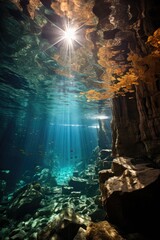 Fototapeta premium The sun shines through the water in a cave. Generative AI.