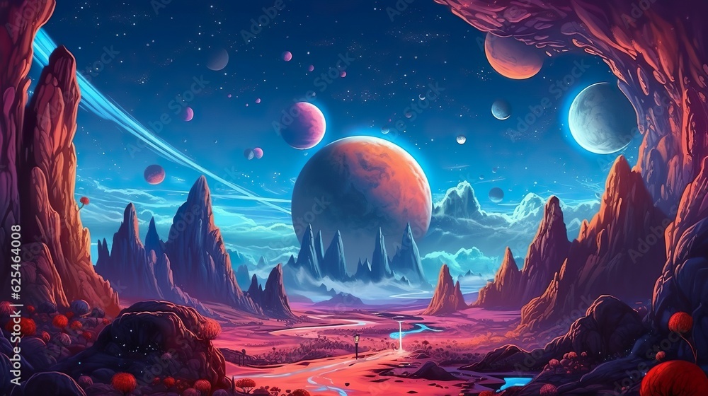 Poster abstract background space planets with magical creatures. a captivating banner design depicting a fa