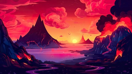 Abstract background fire volcanoes and lava. Illustration in a banner design, highlighting the mesmerizing beauty and destructive force of fire volcanoes and flowing lava. Generative AI.