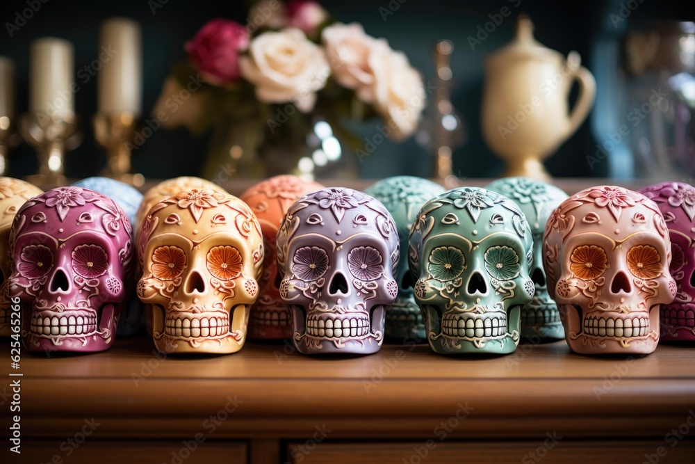 Poster a row of colorful skulls sitting on top of a wooden table. generative ai.