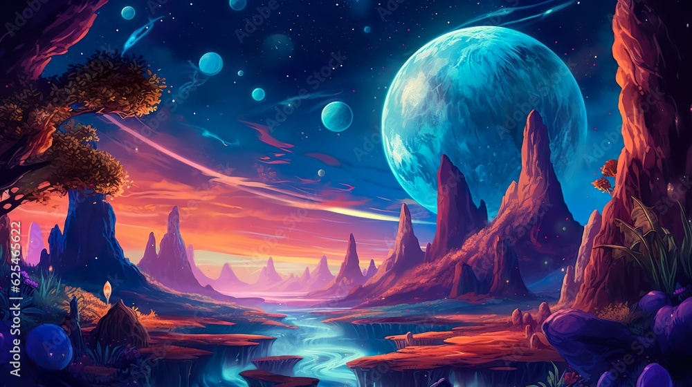 Aufkleber abstract background space planets with magical creatures. a stunning banner design showcasing a myst