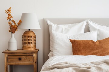 In a naturally themed bedroom interior, there are white beddings adorned with brown and orange pillows. A wicker lamp sits beside a wooden bedside table with a vase displayed on top.