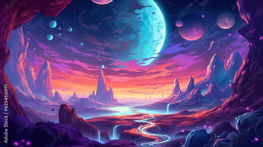 Poster abstract background space planets with magical creatures. an enchanting illustration of a cosmic bac