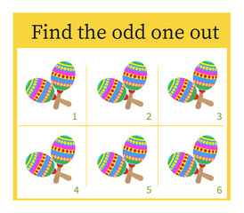 Game for kids. Task for development of attention and logic. Vector illustration of maracas.