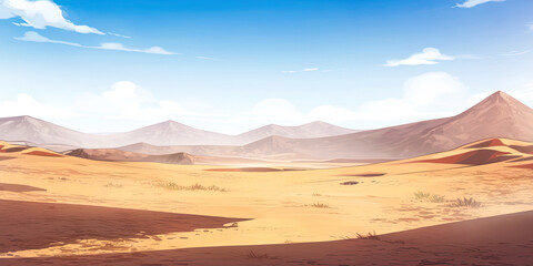 Fototapeta na wymiar Anime sand dunes desert background backdrop illustration, sands blue skies wild west backdrop, generated ai