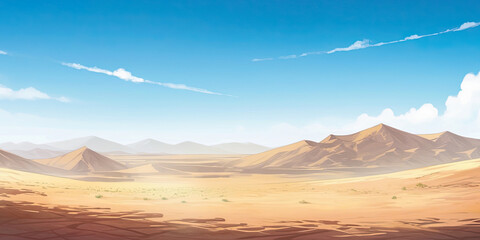 Fototapeta premium Anime sand dunes desert background backdrop illustration, sands blue skies wild west backdrop, generated ai
