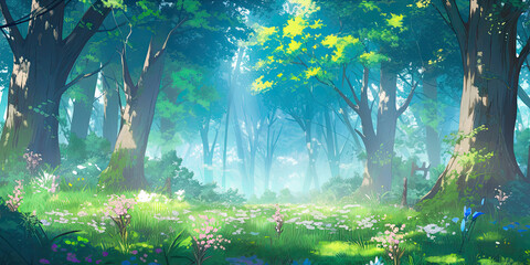 anime cartoon style woodland forest background banner, generated ai