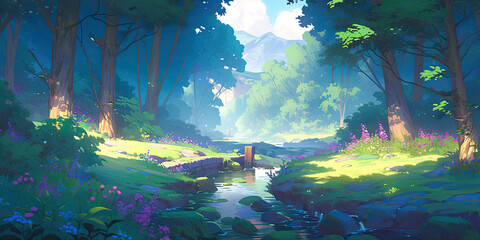 Obraz premium anime cartoon style woodland forest background banner, generated ai