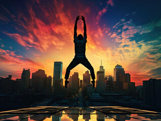 a person doing a handstand against a colorful urban backdrop: The inverted silhouette of a person performing a handstand against a cityscape at sunset, blending urban energy with a sense of playfulnes