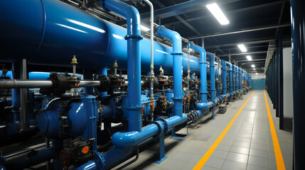 Fototapeta premium A row of blue pipes and valves in a building. Generative AI. Industrial boiler room and water factory.