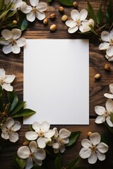 A blank paper surrounded by white flowers on a wooden table. Generative AI.