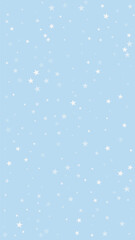 Fototapeta premium Beautiful snowfall christmas background. Subtle flying snow flakes and stars on light blue winter backdrop. Beautiful snowfall overlay template. Vertical vector illustration.