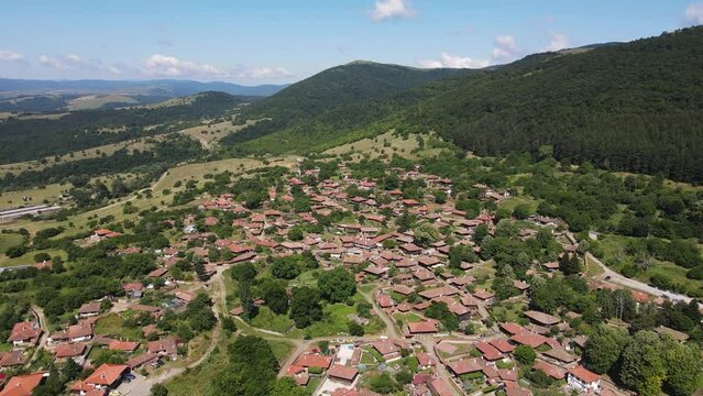 Aerial view of village of Zheravna with nineteenth century houses, Sliven Region, Bulgaria