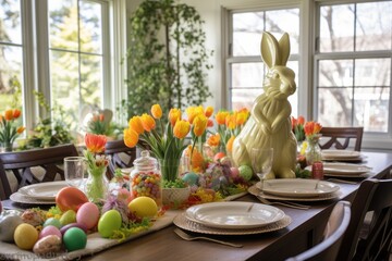 The dining table at home has been adorned with Easter themed decorations for the party.