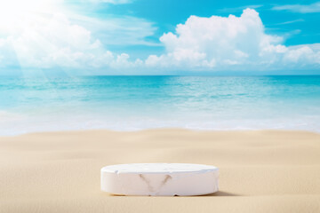 Fototapeta na wymiar 3D podium with copy space for product display presentation on beach with blue sky and white clouds abstract background. Tropical summer and vacation concept.