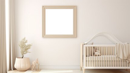 A baby's room with a crib and a painting on the wall. Generative AI. Empty frame on a wall mockup.