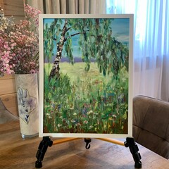 Oil painting on canvas in the style of impressionism birch. Forest landscape study. Author's artistic decorative painting Tree in the meadow.