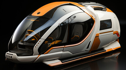 Fototapeta premium A white and orange train on a black surface. Generative AI.
