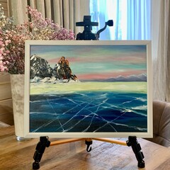 Oil painting on canvas mountains on a winter lake. Author's artistic decorative acrylic painting...