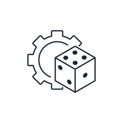 Game dice and gear. Game technologies.Vector linear icon isolated on white background.