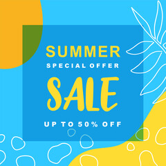 Summer sale banner template. Abstract organic shapes floral background. Vector illustration for web banner, social media post, mobile app, internet ads