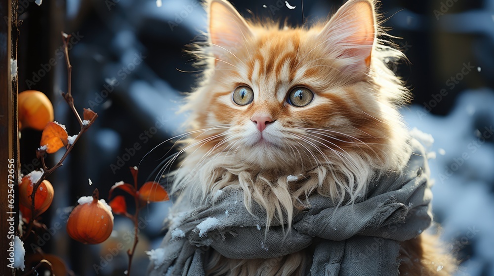 Wall mural a fluffy orange cat wearing a scarf in the snow. generative ai.