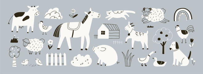 Cute farm animals set in doodle Scandinavian style. Hand-drawn country horse, kawaii cow, sheep, chicken, funny cat, goose. Childish rural livestock. Isolated kids flat graphic vector illustrations - obrazy, fototapety, plakaty