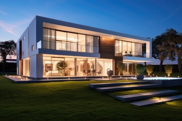 Gorgeous modern residence with a pristine white exterior, surrounded by vibrant green grass under a picturesque blue sky during both twilight and daylight.