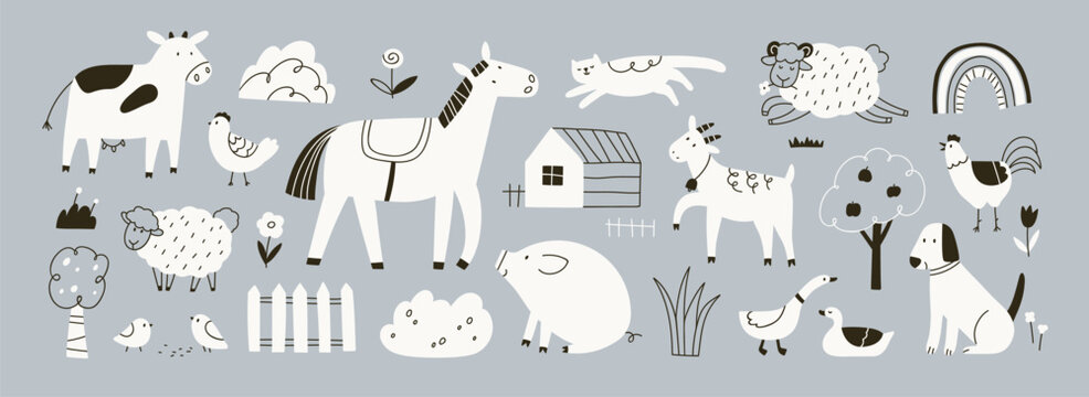 Naklejka Cute farm animals set in doodle Scandinavian style. Hand-drawn country horse, kawaii cow, sheep, chicken, funny cat, goose. Childish rural livestock. Isolated kids flat graphic vector illustrations