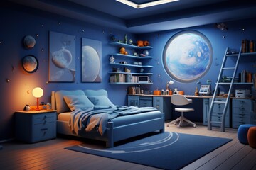 Modern interior design Children's room boy's bedroom, in blue tones, trend 2024.