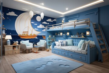 Modern interior design Children's room boy's bedroom, in blue tones, trend 2024.