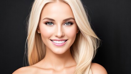Obraz premium Portrait beautiful blonde model woman with white teeth smile, healthy long hair and beauty skin on dark background. Concept of advertising dentist and facial care. Generative AI