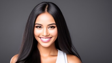 Fototapeta premium Portrait beautiful brunette model woman with white teeth smile, healthy long hair and beauty skin on dark background. Concept of advertising dentist and facial care. Generative AI