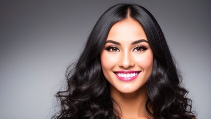 Naklejka premium Portrait beautiful brunette model woman with white teeth smile, healthy long hair and beauty skin on dark background. Concept of advertising dentist and facial care. Generative AI