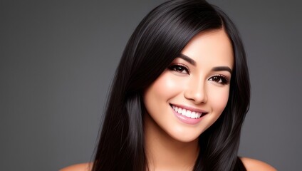 Portrait beautiful brunette model woman with white teeth smile, healthy long hair and beauty skin on dark background. Concept of advertising dentist and facial care. Generative AI