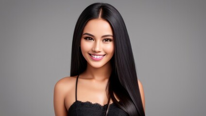 Naklejka premium Portrait beautiful brunette model woman with white teeth smile, healthy long hair and beauty skin on dark background. Concept of advertising a dentist and facial care. Generative AI