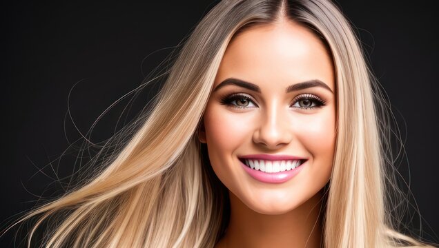 Portrait beautiful blonde model woman with white teeth smile, healthy long hair and beauty skin on dark background. Concept of advertising dentist and facial care. Generative AI